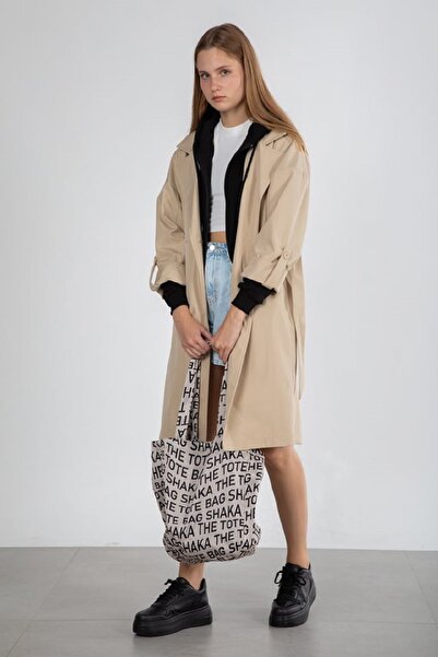 Modasultan Women's Beige Belted Waist Double Button Double Breasted Collar Trench Coat