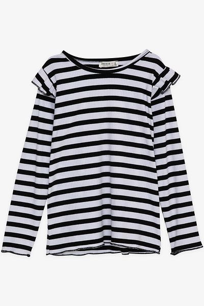 Breeze Tricou cu mânecă lungă pentru fetiță, cu umăr în dungi, cu volane, 6-12 ani, culori mixte