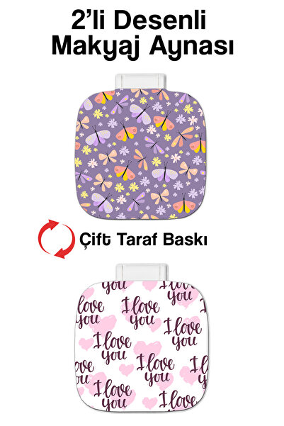 kutuTR Cep Makyaj Aynası 2'li Set Uv Baskılı PP Kapaklı Cep Aynaları 002