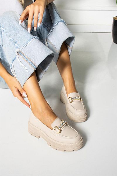 ShoeTek Triana Γυναικεία Loafer Παπούτσια Μπεζ Δερμάτινο με Πέτρινη Πόρπη
