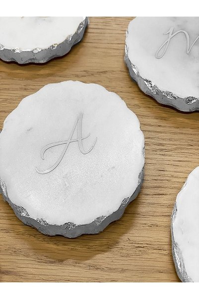 Sümeyra Marble Art Silver Detailed Marble Coasters - Lettered