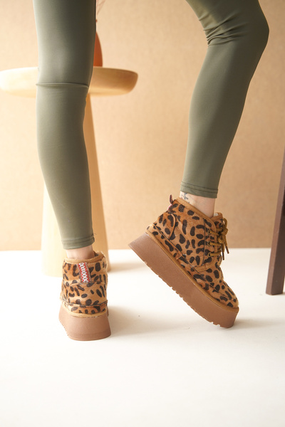 TOPUK Γυναικείες μπότες Hugu με Leopard Print - Δαντέλα, Χοντρή Σόλα και Εσωτερική Γούνα