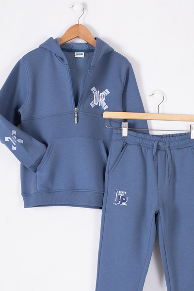 Cansın Mini Mavi Fermuarlı Yaka Kapüşonlu Erkek Çocuk Şardonlu Eşofman Takımı 19621