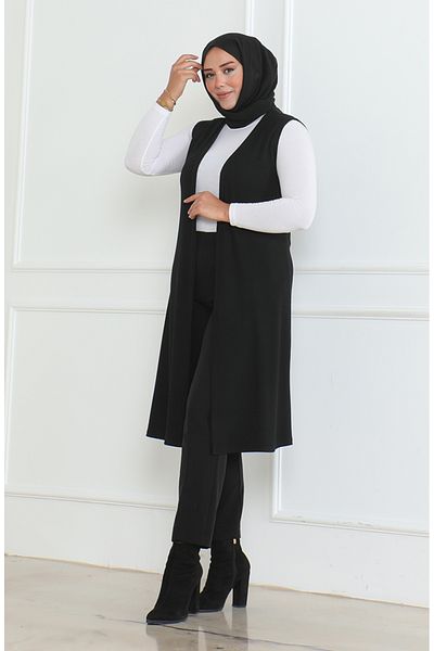 sefamerve Large Size Draped Long Seasonal Vest 8739A-01 Black