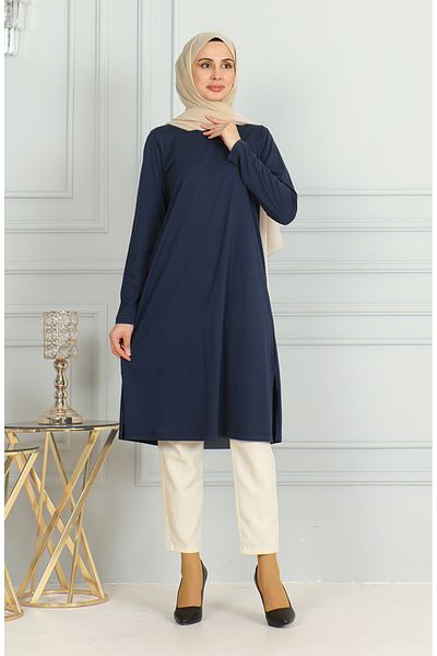 sefamerve Μπλε Navy Long Slit Tunic - 9141-07