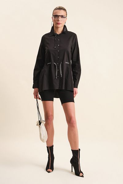 VERDA Waist Tunnel Detailed Cotton Black Shirt