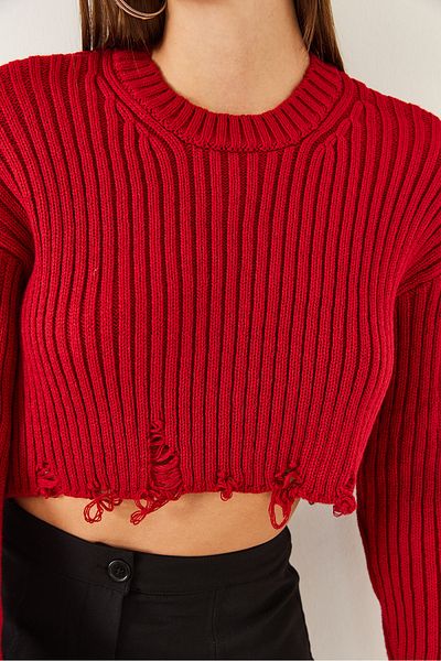 Bianco Lucci Women's Crew Neck Ripped Detailed Crop Knitwear Sweater 85001025