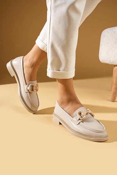 ShoeTek Pantofi de damă Ronja Mocasini cu cataramă inelă Balerini din piele bej