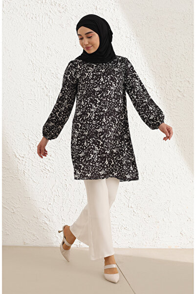 sefamerve Patterned Black Tunic - Elastic Sleeve, Model 84002-01