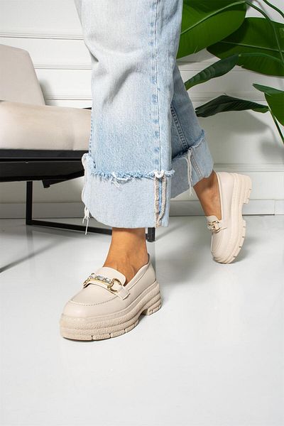 ShoeTek Triana Γυναικεία Loafer Παπούτσια Μπεζ Δερμάτινο με Πέτρινη Πόρπη