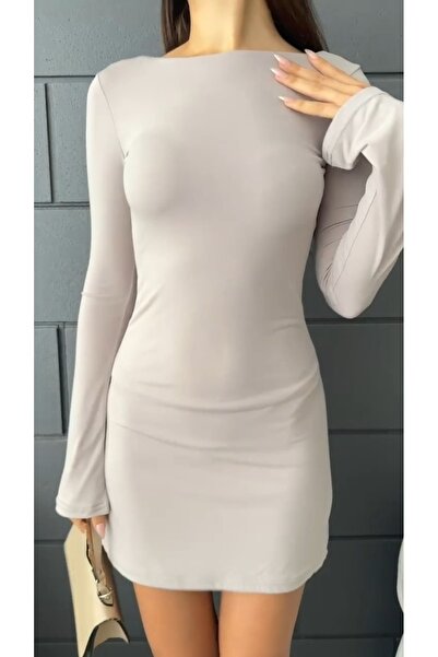 Fav Style Μπεζ Γυναικείο Μίνι Φόρεμα - Μακρυμάνικο και Ανοιχτή Πλάτη