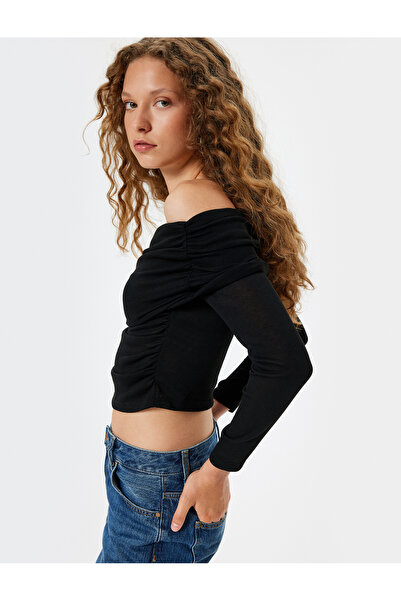 Koton Μακρυμάνικο μπλουζάκι με γιακά Madonna με μακρυμάνικο ντραπέ, μείγμα βισκόζης