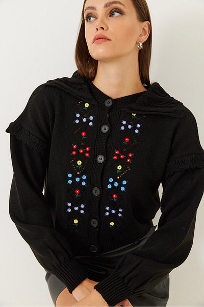 Bianco Lucci Women's Collar Detailed Embroidery Embroidered Knitwear Cardigan 85001028