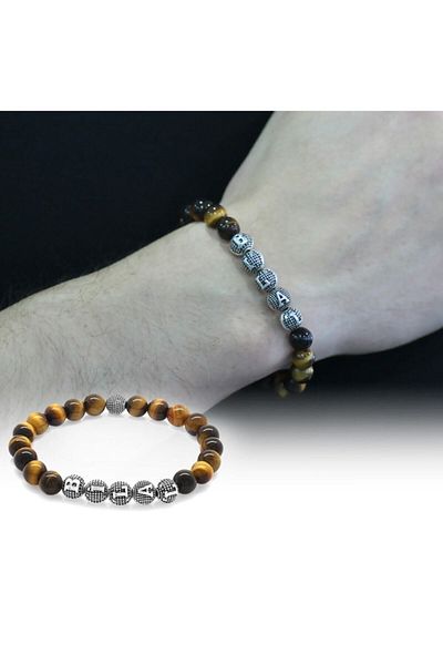 Tesbihane Turtle Eye Metal Combination Globe Cut Natural Stone Bracelet