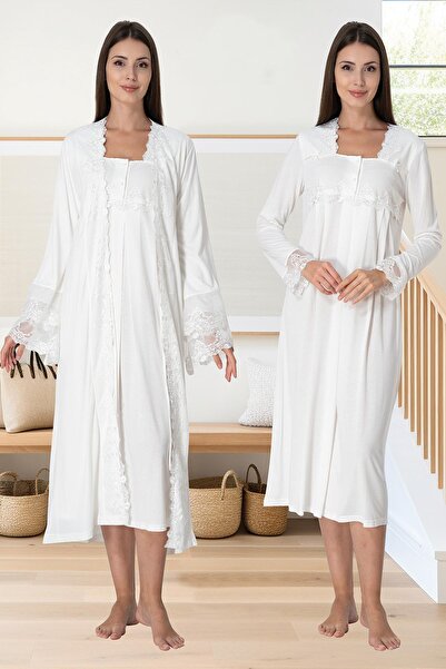 CT MODA طقم ثوب نوم نسائي من القطن بتصميم دانتيل إكرو مع ثوب نوم