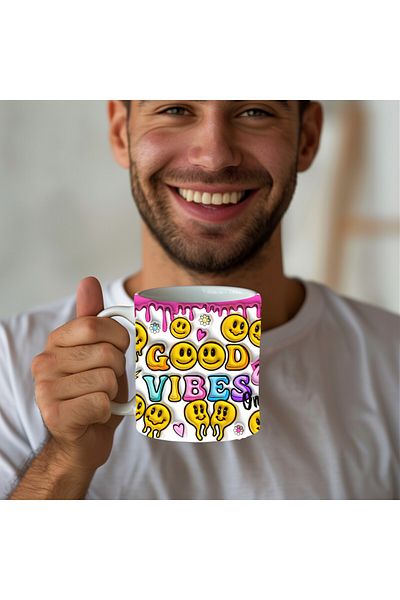 Evion Good Vibes Printed 3D Design Ceramic Mug - Gift Mug