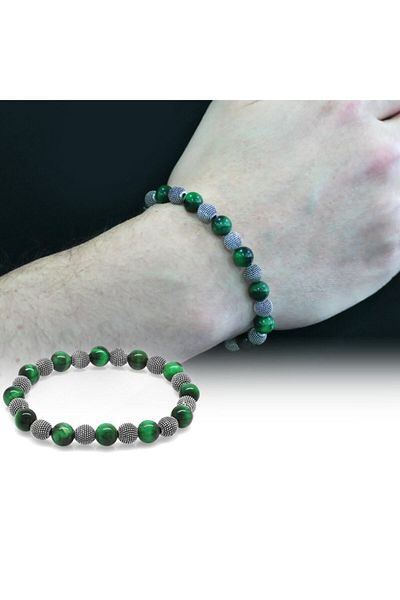 Tesbihane Green Tiger Eye Metal Combination Globe Cut Natural Stone Bracelet