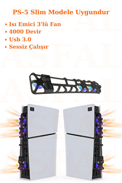 Asfal PS5 Slim Uyumlu Isı Emici 3 Fanlı Soğutucu 4000Devir Sessiz 3.0 Usb Led...