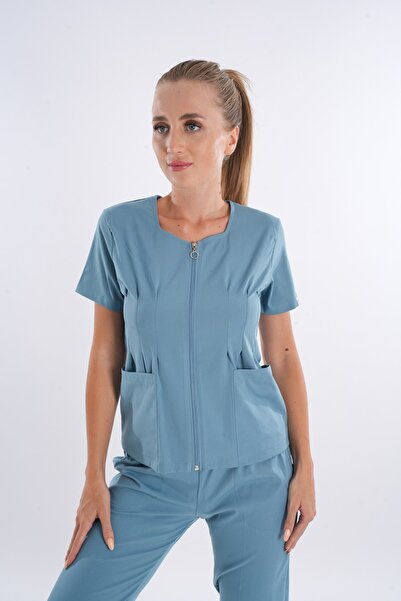 Nur Medikal Giyim Costum de uniformă chirurgicală pentru medic, asistentă, model Lily, culoare albastru petrol, cu fermoar, din lycra moale