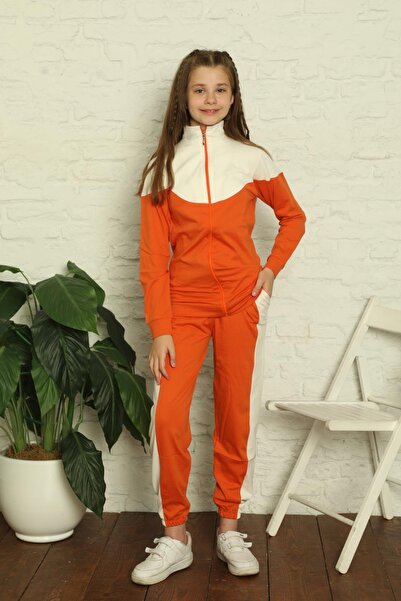 Miss Merveille Ecru Long Sleeve Zippered Combed Cotton Children's Tracksuit 5168Uk