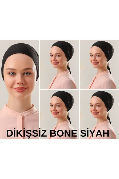 Melodi Scarf Women's Hijab Seamless Set Bonnet Black 5 Pieces Tied Combed Cotton Bonnet