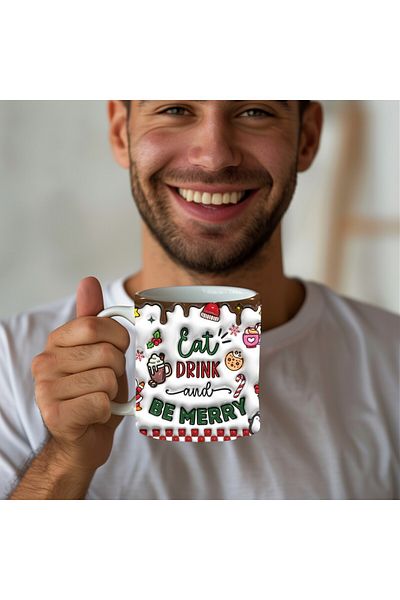 Evion Eat Inner and Be Happy Printed 3D Design Ceramic Mug - Gift Mug Cup