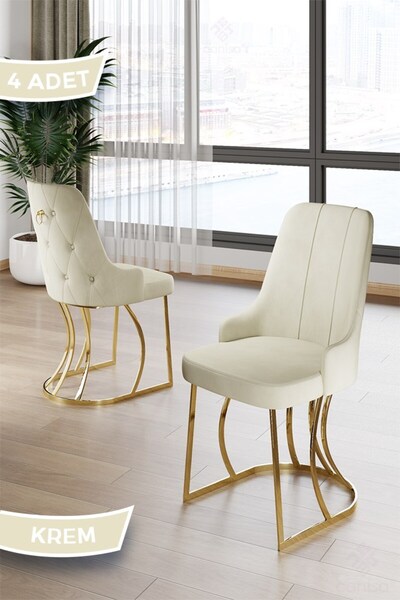 Canisa Puva Serisi 4 Adet Krem Sandalye 1.sınıf Babyface Ithal Kumaş Gold Met...