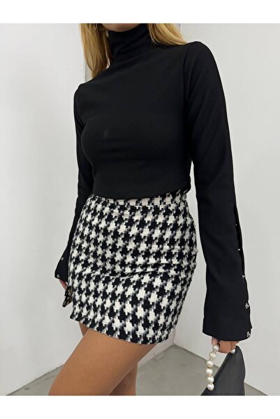 Fav Style Kadın Balıkçı Yaka Kolları Çıtçıtlı Crop Bluz Siyah