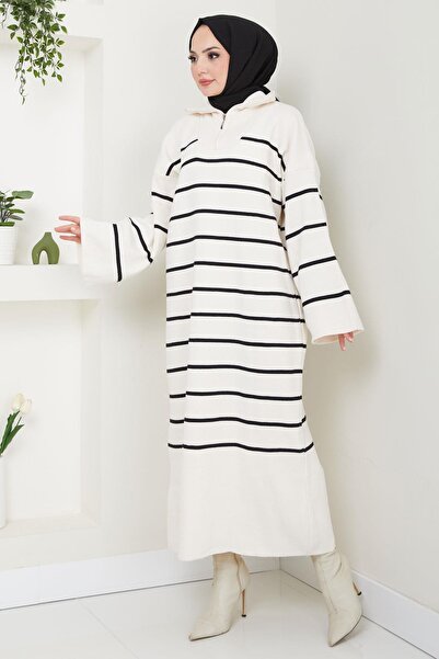 hafsamina Ριγέ Ισπανικό Πλεκτό Φόρεμα με φερμουάρ Trucker Λαιμόκοψη Λευκό HM2566