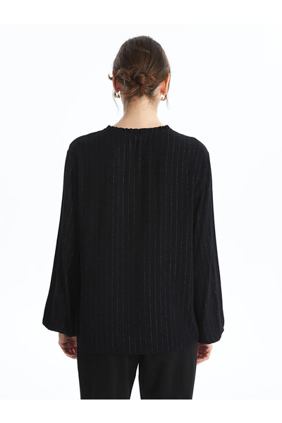 LC Waikiki LCWAIKIKI Classic Siyah Çizgili Bağlamalı Yaka Desenli Kadın Bluz