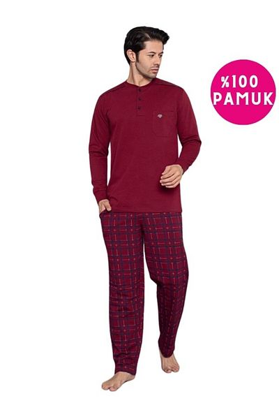 bie's Men's Red Plaid 3 Button Chest Pocket 100% Cotton Winter Long Sleeve Pajamas Set