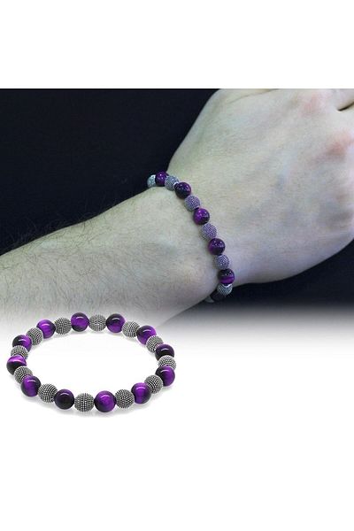 Tesbihane Purple Tiger Eye Metal Combination Globe Cut Natural Stone Bracelet