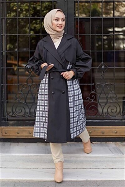 moda periy kadın mevsimlik Balon Kol Ekose Desenli tesettür Trençkot