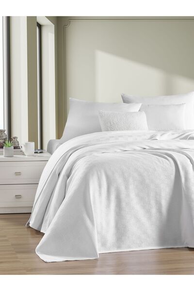 VESSİNOHOME Pike Double 100% Cotton Small Checkerboard Patterned Bedspread Hotel Type Luxury Pike White