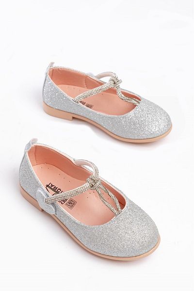 p papuccum ortopedi çocuk ayakkabıları Girl's Silver Glitter Non-Slip Sole Stone Ballerinas