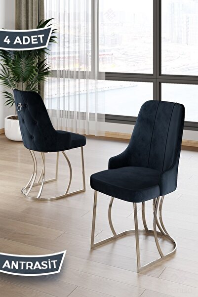 Canisa Puva Serisi 4 Adet Antrasit Sandalye 1.sınıf Babyface Ithal Kumaş Krom...