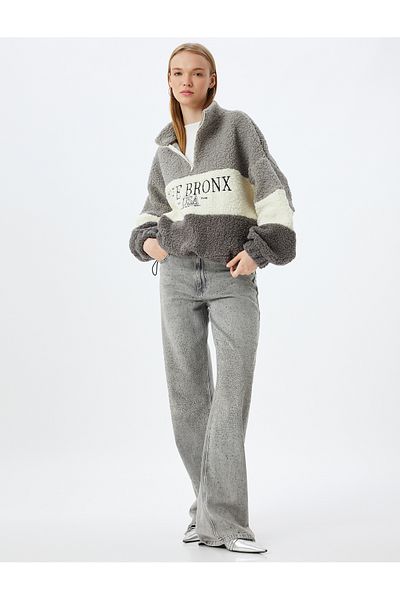 Koton Oversize Plush Sweatshirt - Half Zipper, College Embroidery, Color Block