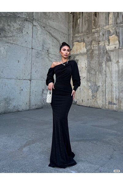 maf collection Ασημί μαύρο βραδινό φόρεμα με έναν ώμο