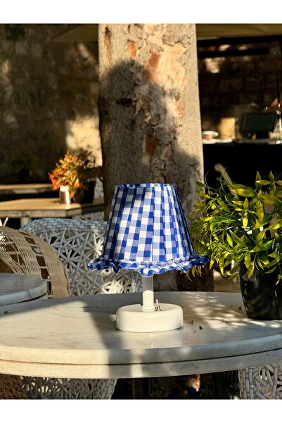 Maison Avf Mavi Pötikare Desen Kumaş Beyaz Ayaklı Kablosuz Gece Masa Lambası ...