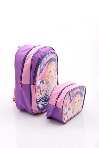 EyER Shoping Micro Muggle Love Girl - Set de 2 ghiozdane și cutie de prânz pentru școala primară, roz violet