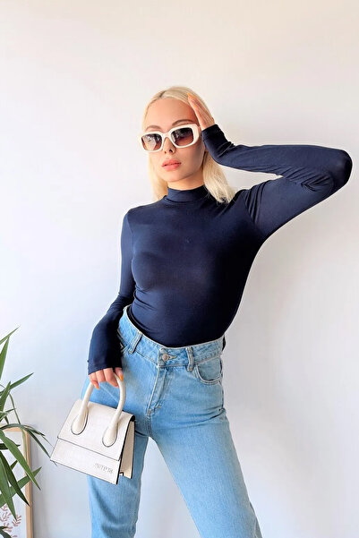 LACHT بلوزة نسائية ذات رقبة عالية باللون الأزرق الداكن المستقيم للموسم الجديد...