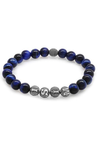 Tesbihane Blue Tiger Eye Metal Combination Globe Cut Natural Stone Bracelet