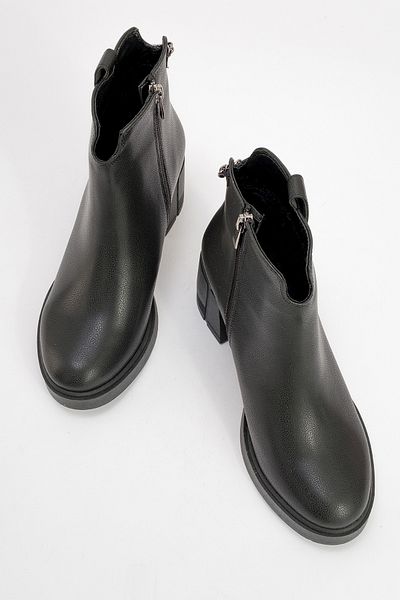 LuviShoes MİER Μαύρη Δερμάτινη Αλυσίδα Λεπτομερείς Γυναικείες Μπότες με Χοντρό Τακούνι