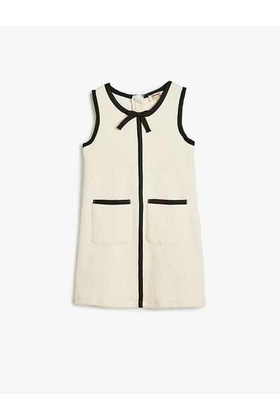 Koton Rochie din tweed cu gât rotund, fără mâneci, cu detaliu cu fundă și buzunare