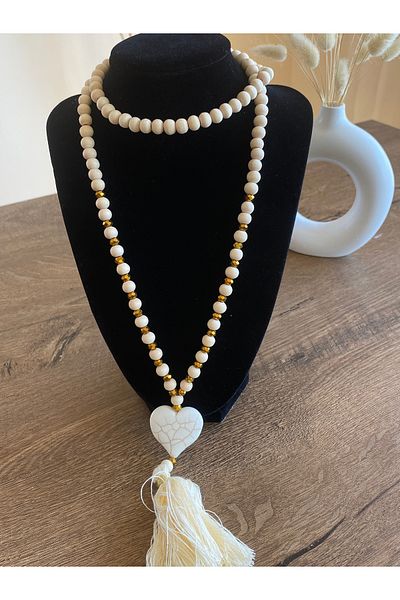 Store Wooden Beaded Boho Nib Tasseled Heart Necklace