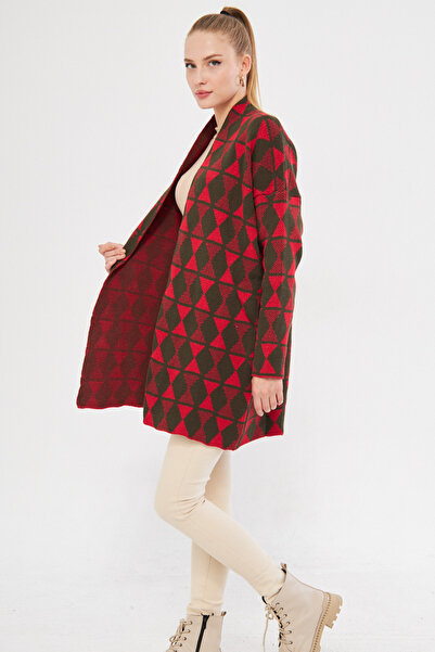 armonika Women's Red Long Patterned Knitwear Cardigan Arm-25K 012005