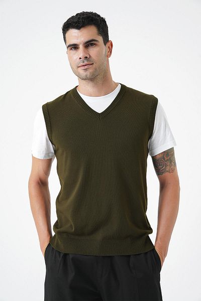 CHUBA Ανδρικά πλεκτά πουλόβερ Χακί - V-Neck, Regular Fit 25W2001