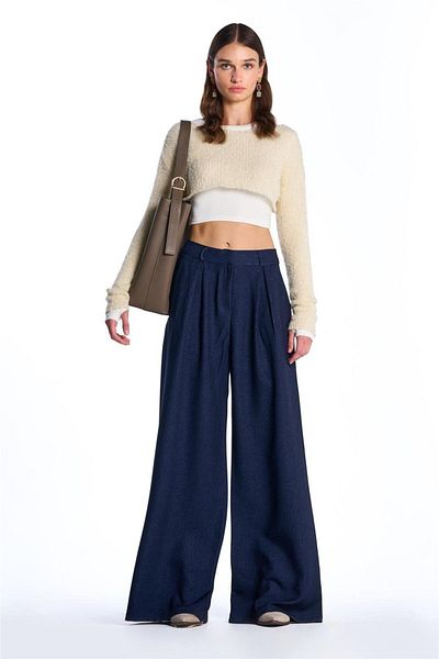 SHERIN Navy Blue Wide Leg High Waist Pants