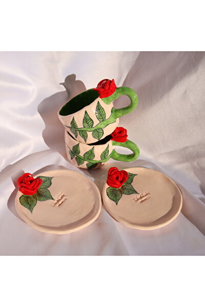 Lily & Loly Ceramics Gül Çiçek Kulplu Yeşil Yaprak Çizimli 2'li Türk Kahvesi Seti- Gül Kulplu El Yapımı Seramik Fincanlar