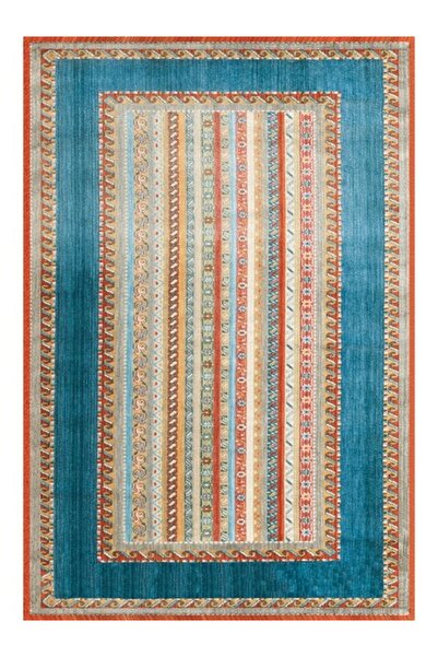 Halımax Drom Kaymaz Tabanlı Yıkanabilir Renkli Mavi Çizgili Modern Halı